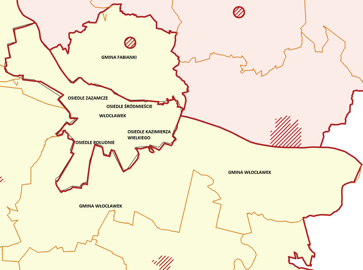 Mapa administracyjna Włocławka z uwzględnieniem dzielnic podległych Pierwszemu Rewirowi Dzielnicowych