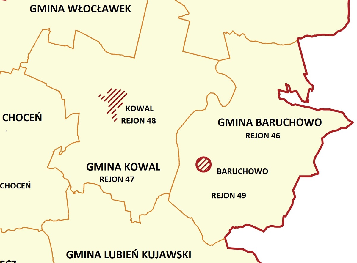 Mapa administracyjna gminy Baruchowo i Kowal z uwzględnieniem dzielnic podległych Komisariatowi Policji w Kowalu